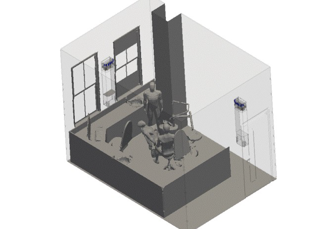 3D model of dental treatment room showing MT250 unit placement and patient/dentist positioning