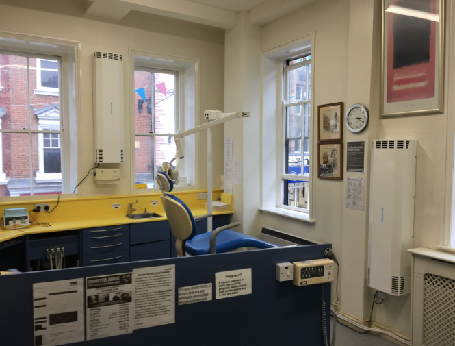 Pride Hill Dental Surgery treatment room 1 with two MT250 wall-mounted UV-C air purifiers